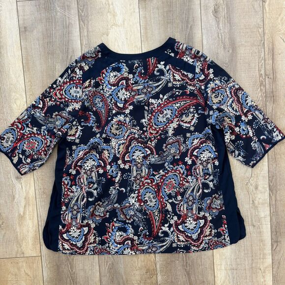 Catherines Blouse Womens 2X Paisley 3/4 Sleeve V-Neck Button Up Tunic Flowy Navy - Picture 7 of 12